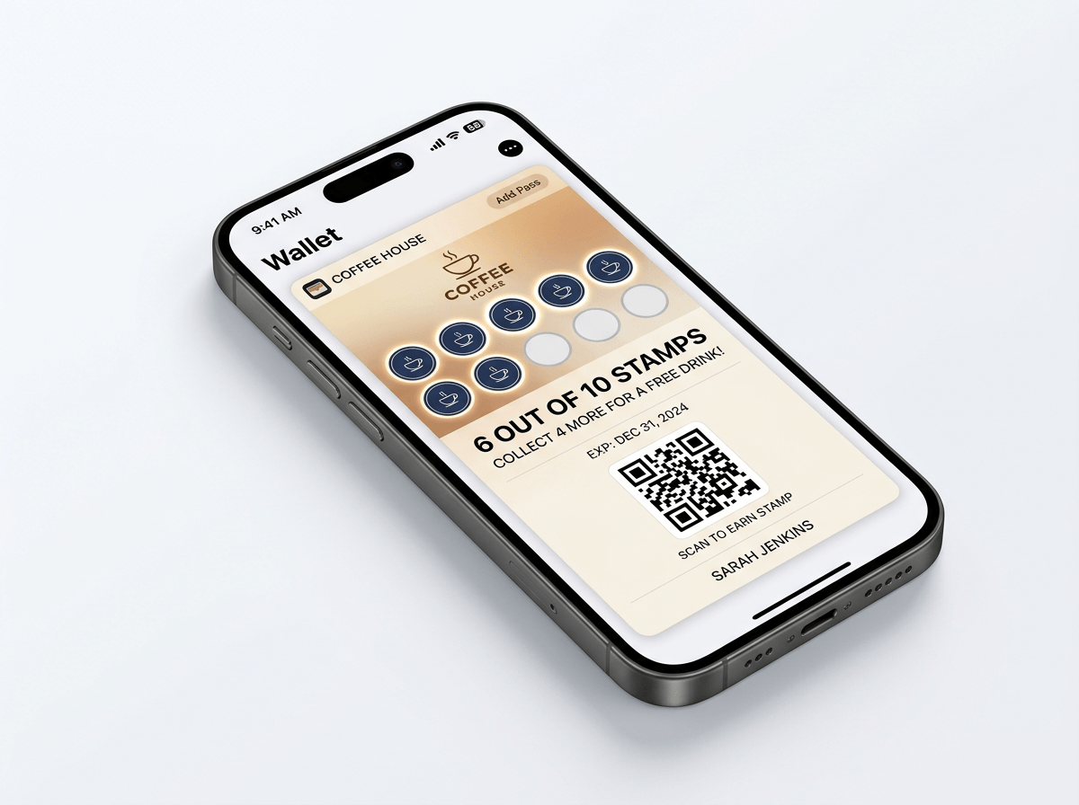 Digital loyalty card in Apple Wallet and Google Wallet showing stamp progress